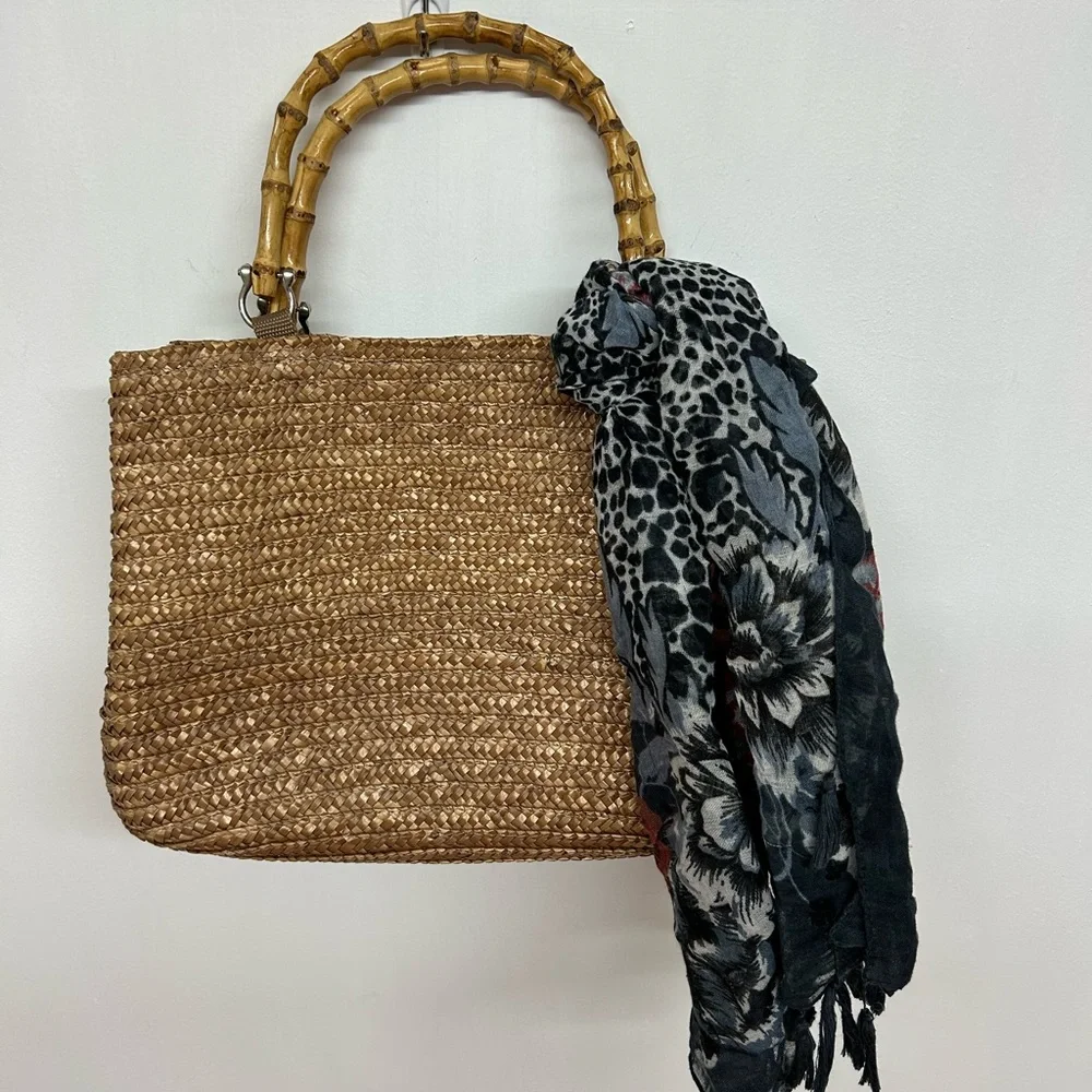 Woven Straw Tote Bag with Bamboo Handles and Black Floral Scarf